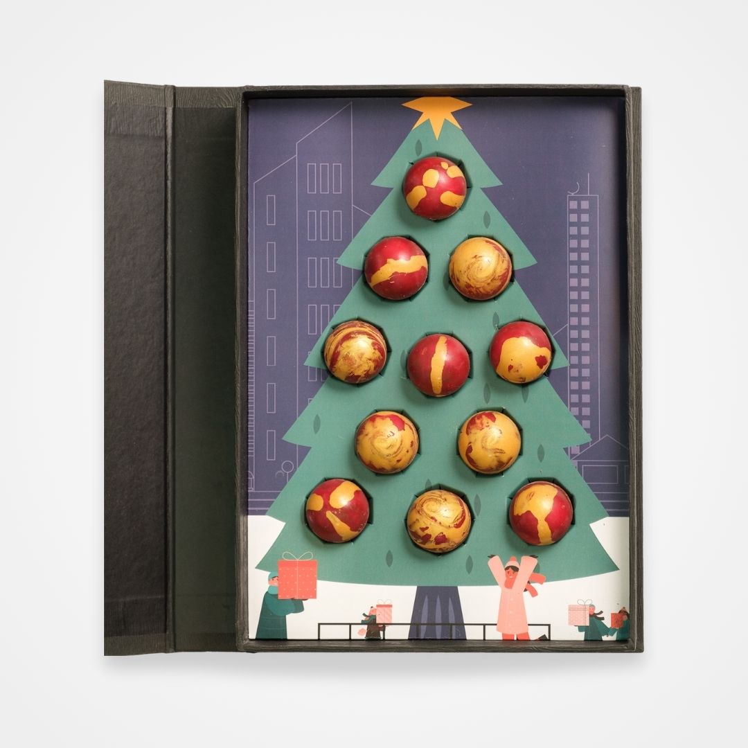 Caixa Natalina de Esferas Coloridas Recheadas Personalizada para o Cliente - Ana Foster Chocolates